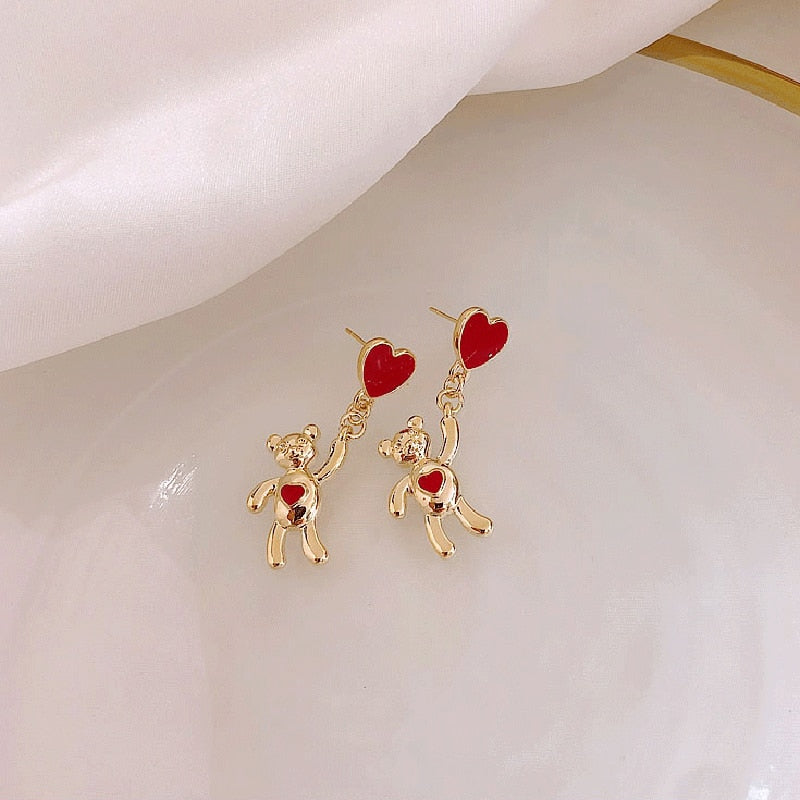 Lady Cute Bear with Red Heart Drop Earrings for Women Jewelry Girls Earrings