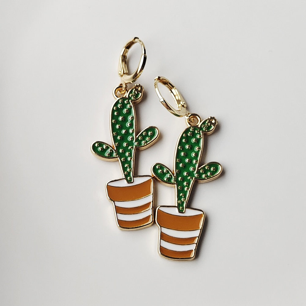 Brown Pot Cactus Drop Earrings Cartoon Ear Pendants Accessories Women Art