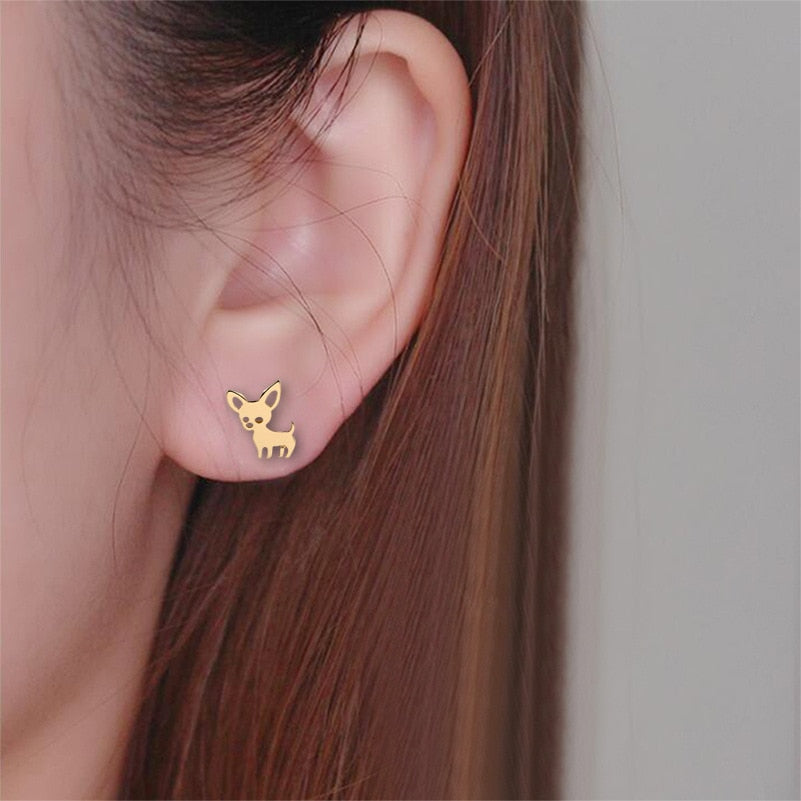 Mini Chihuahua Stud Earrings for Women Cute Stainless Steel Golden Animal Dog