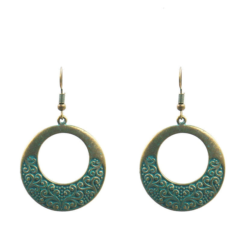 1Pair Bronze and Turquoise Textured Round Dangling Drop Earrings Female Fashion