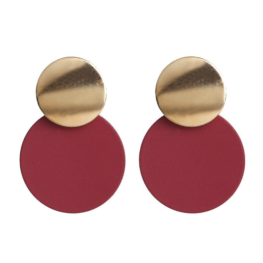 Burgundy Detail Disc Drop Earrings Cartoon Art Women Party Jewelry Ear Fashion