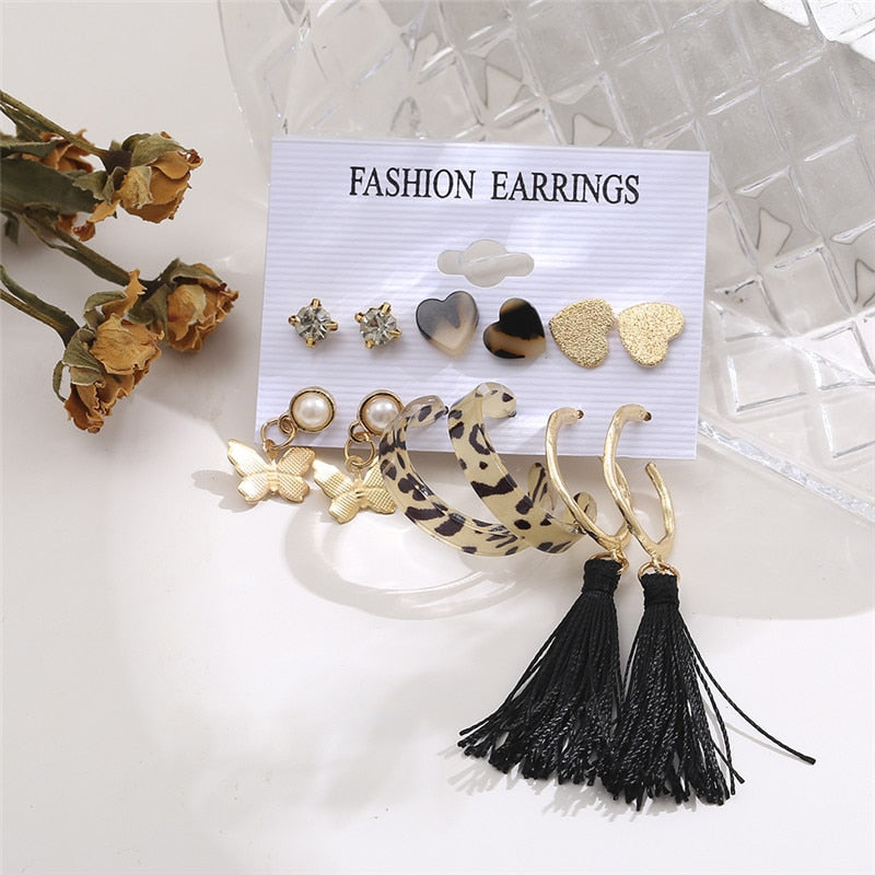 33 Styles 5-9Pairs Set Drop Hoop Earrings Set Acrylic Pearl Tassel Fashion Women