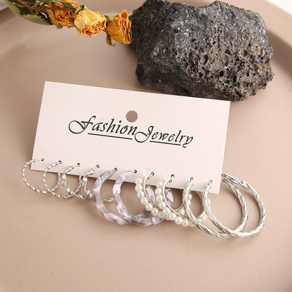 5pairs Textured Silvery Hoop Earrings Fashion Women Summer Party Jewelry Girls