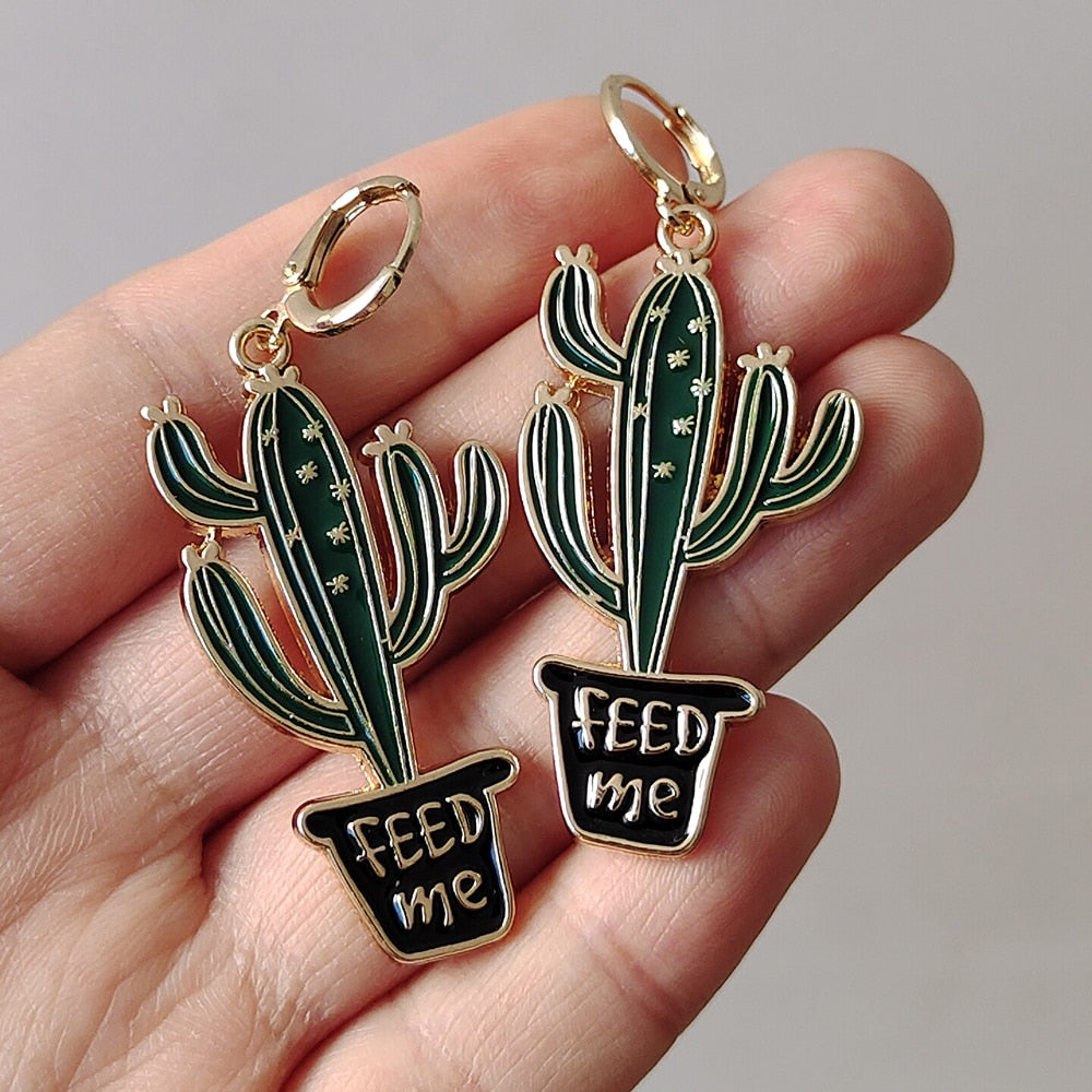 Feed Me Cactus Drop Earrings Cartoon Ear Pendants Accessories Women Art Jewelry