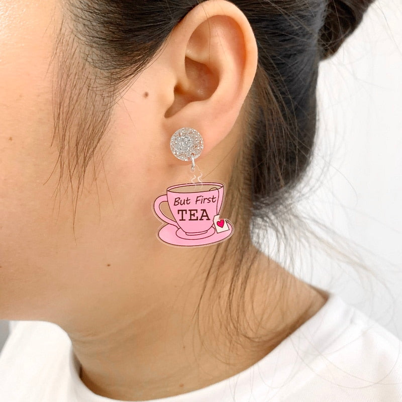 But First Tea Pink Tea Cup Drop Dangle Earrings Trendy Women Fashion Earrings