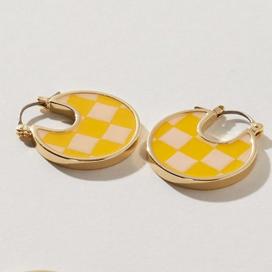 Yellow Checker Board Hoop Earrings Hip Hop Women Party Gift Jewelry Ear Fashion