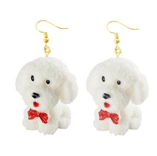 White Fluffy Dog Drop Earrings Cartoon Art Women Party Jewelry Ear Fashion