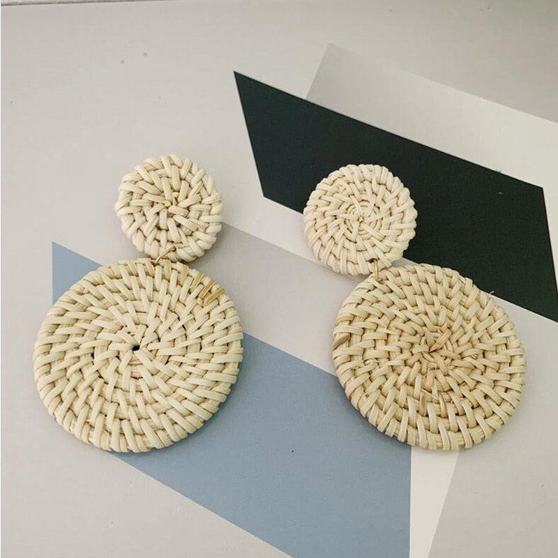 Beige Extra Large Rattan Geometric Drop Earrings Modern Women Stylish Gift