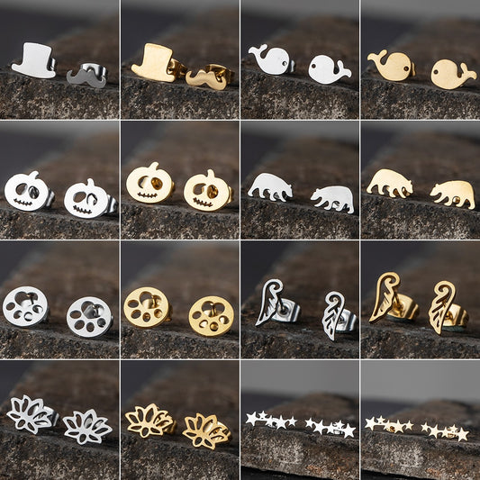 28 Styles Animal Heart Flower Cute Stud Earrings Girls Ear Ornaments Stainless