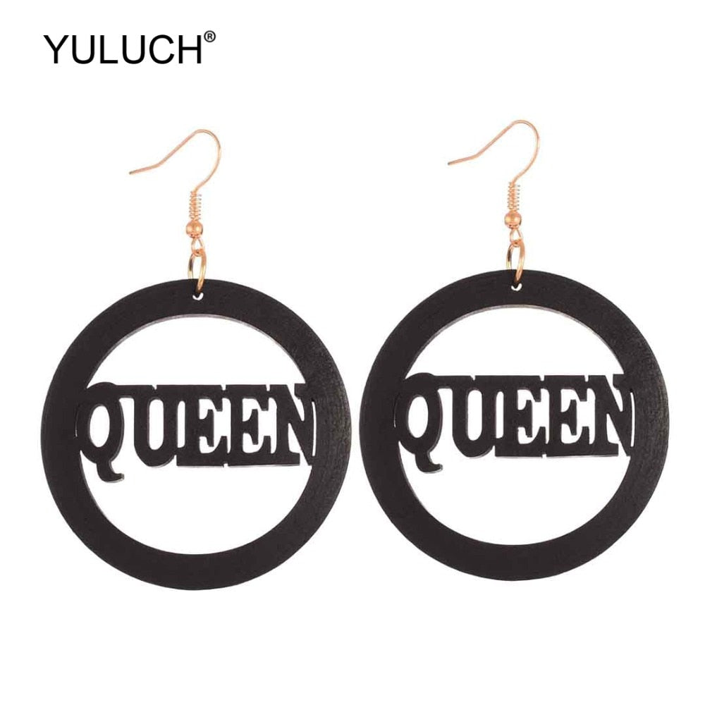 Black Wooden Design Queen Drop Earrings Women Fashion Modern Accessories Cute