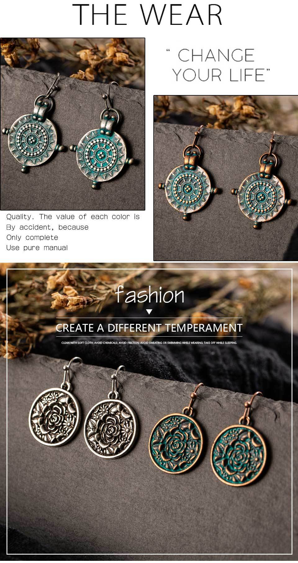 Retro Vintage Ethnic Round Dangle Earrings for Girls Women Birthday Gift Lovely