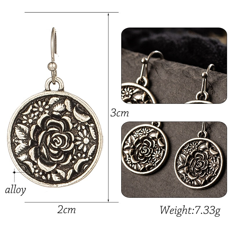 Flower Retro Vintage Ethnic Round Dangle Earrings for Girls Women Birthday Gift