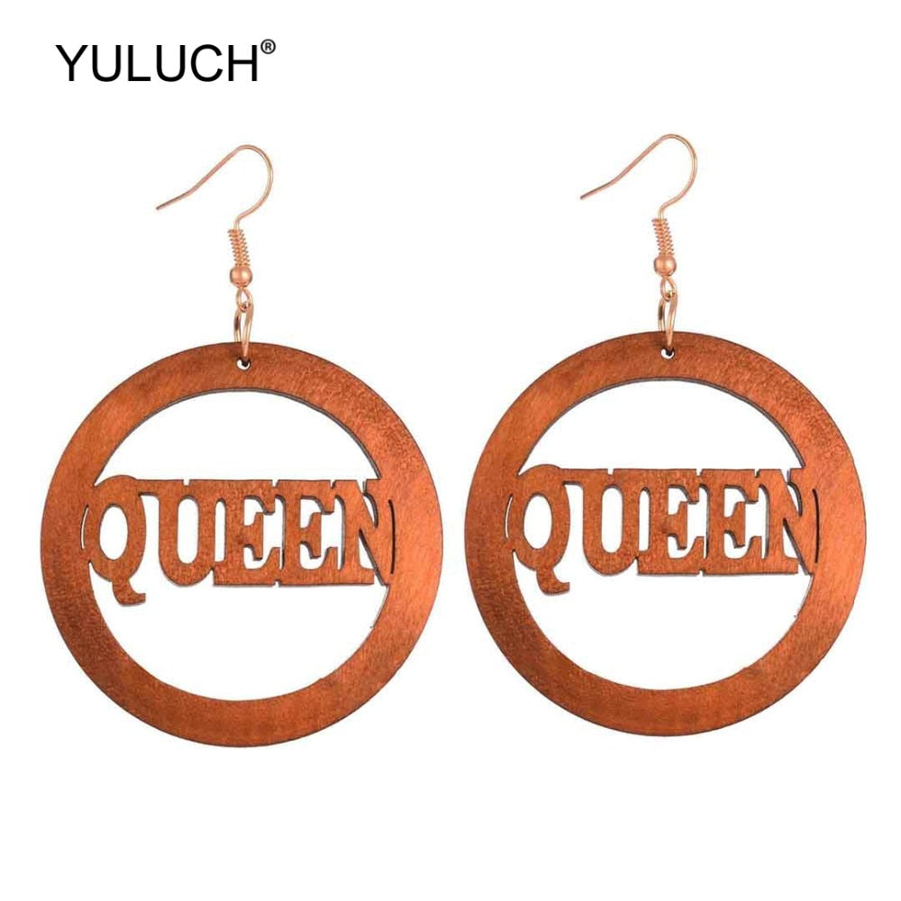 Wooden Big Round Queen Drop Earrings Women Fashion Modern Accessories Cute