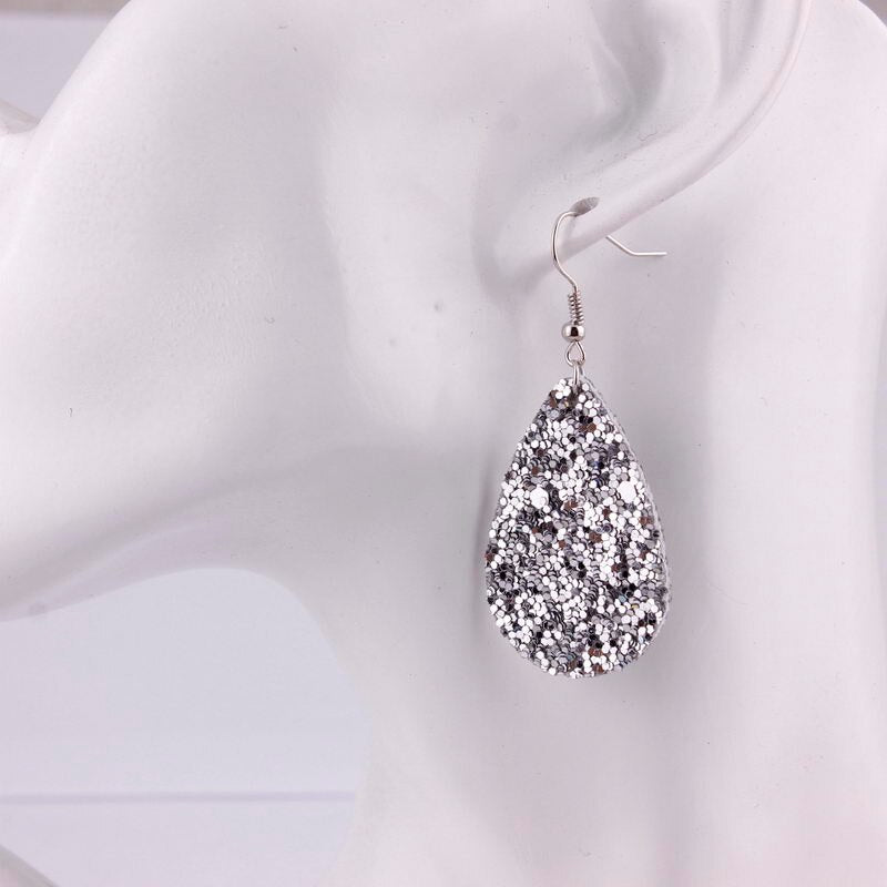 Silver Sparkly Glitter Drop Shape Dangle Earrings for Fashion Stylish Jewelry