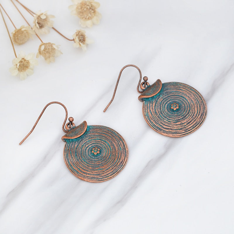 Round Textured Bronze Design Dangle Earrings for Girls Women Birthday Gift