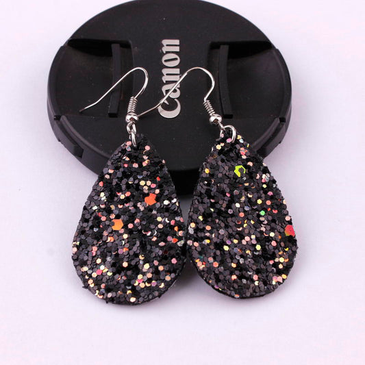 Black Sparkly Glitter Drop Shape Dangle Earrings for Fashion Stylish Jewelry