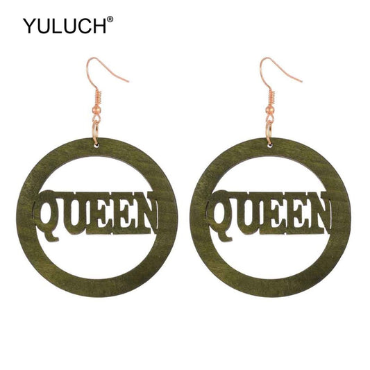 Wooden Green Queen Drop Earrings Women Fashion Modern Accessories Cute Stylish