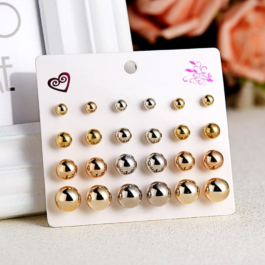 12 Pairs Chrome Stud Earrings Women Ear Accessory Jewelry Birthday Party Gift