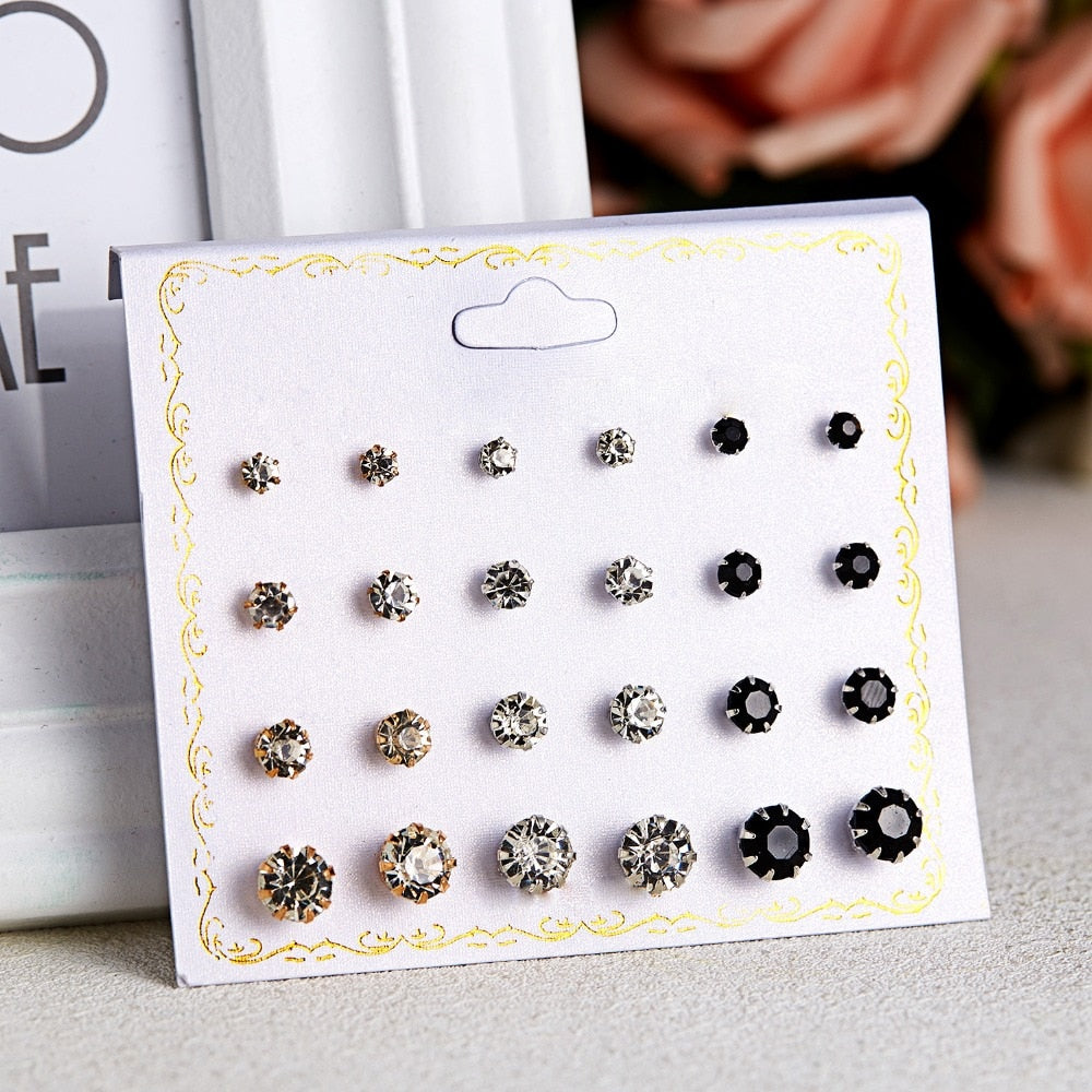 12 Pairs Crystal Simulated Pearl Colorful Stud Earrings Women Ear Accessory