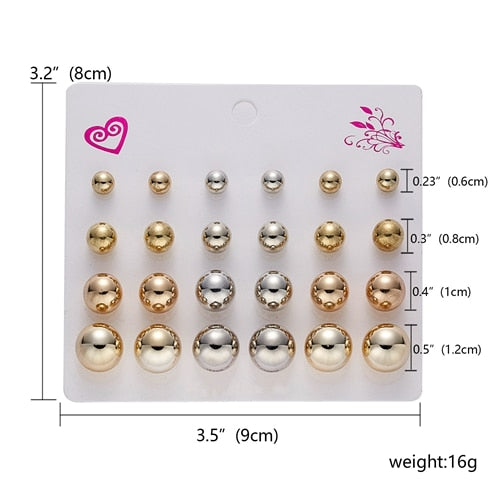 12 Pairs Chrome Stud Earrings Women Ear Accessory Jewelry Birthday Party Gift