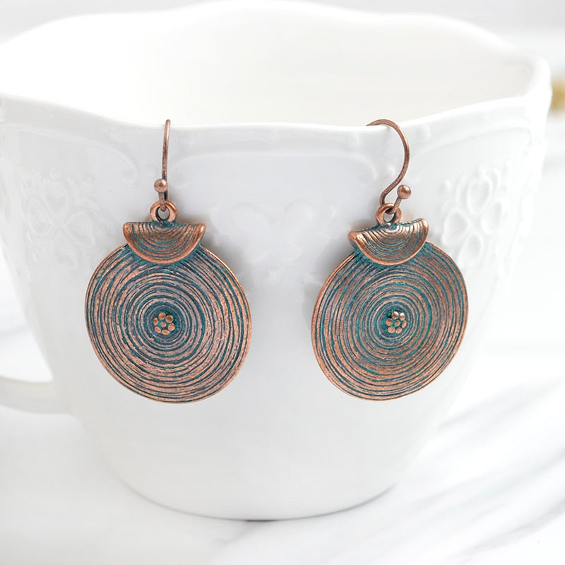 Round Textured Bronze Design Dangle Earrings for Girls Women Birthday Gift