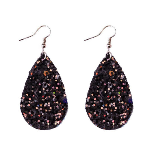 Black Sparkly Glitter Drop Shape Dangle Earrings for Fashion Stylish Jewelry