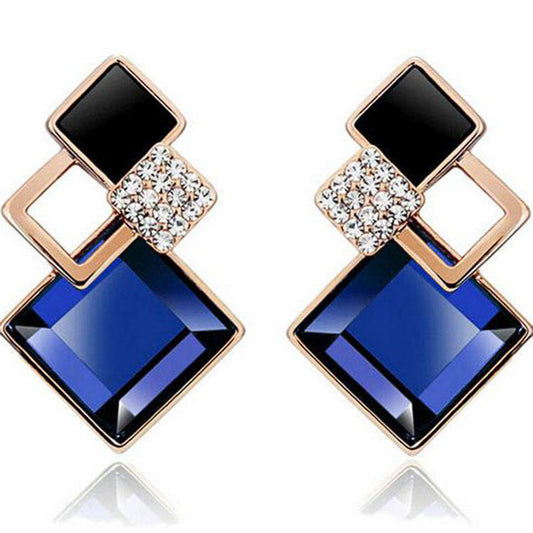 Blue Rhinestone Decor Geometric Stud Earrings for Women Girls Ear Studs Jewelry