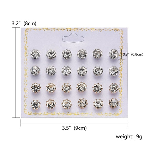 12 Pairs Rhinestone Stud Earrings Women Ear Accessory Jewelry Birthday Party