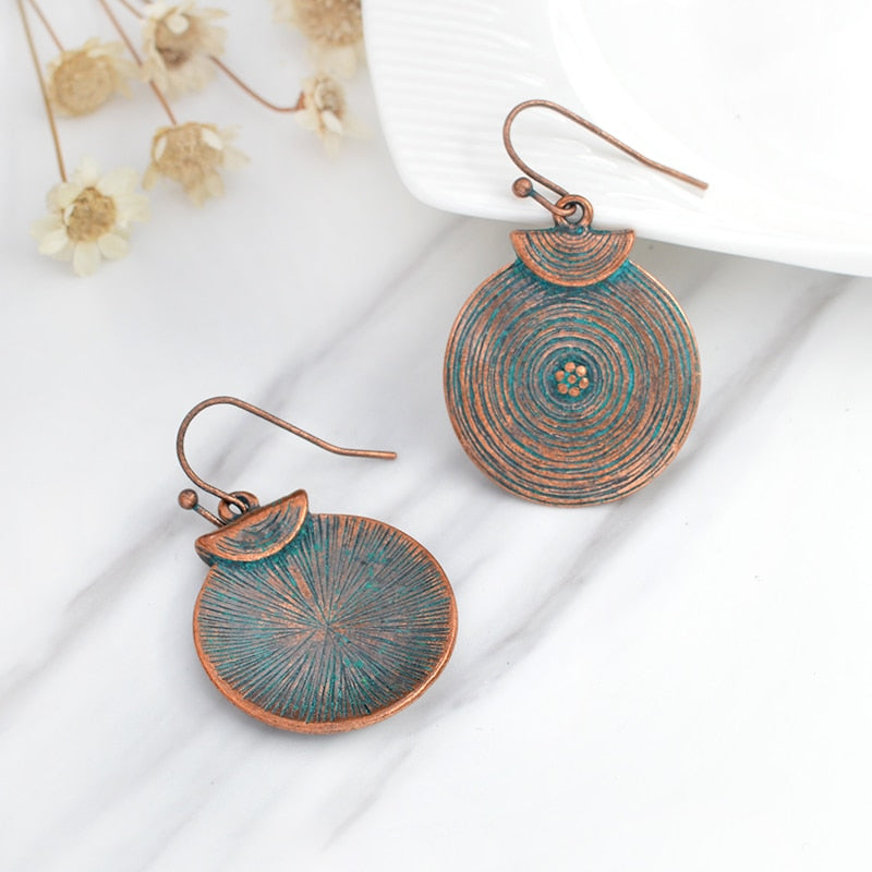 Round Textured Bronze Design Dangle Earrings for Girls Women Birthday Gift