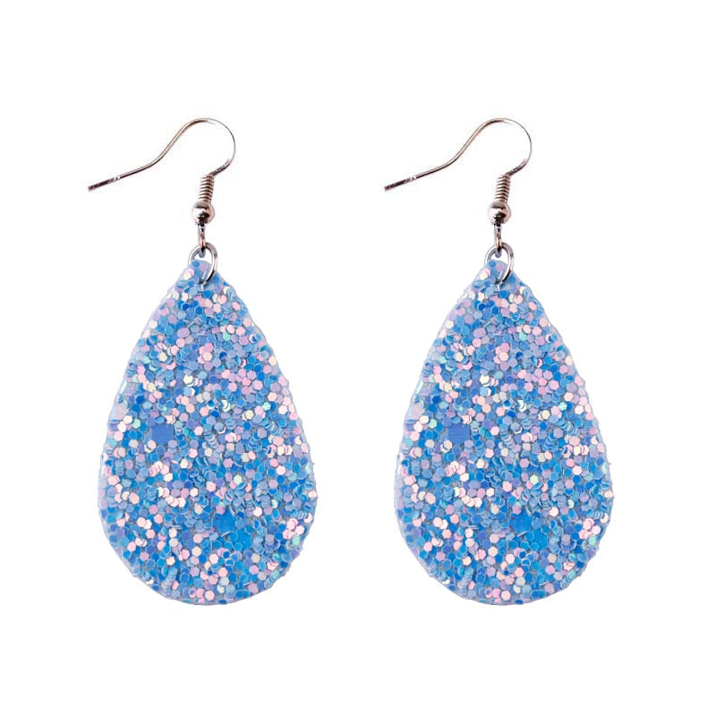 Snow Blue Sparkly Glitter Drop Shape Dangle Earrings for Fashion Stylish Jewelry