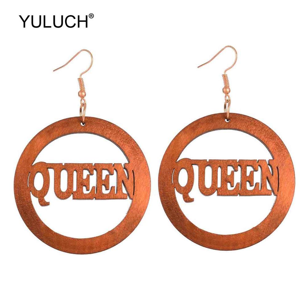 Wooden Big Round Queen Drop Earrings Women Fashion Modern Accessories Cute