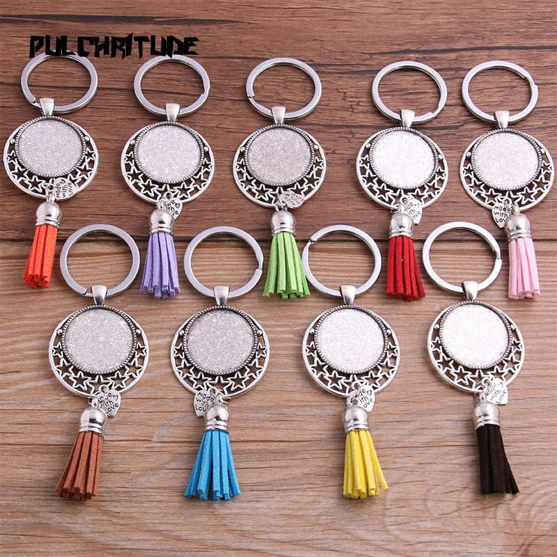 9 Color Tassels Key Rings Chain Filligree Fit Round 25mm Logo Pendant Diy