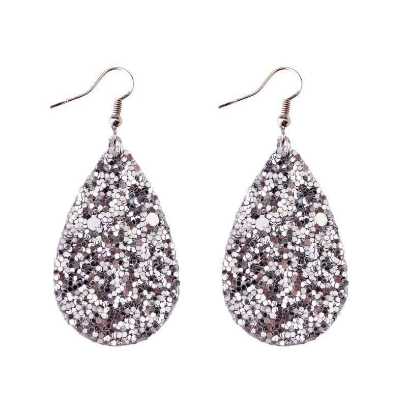 Silver Sparkly Glitter Drop Shape Dangle Earrings for Fashion Stylish Jewelry