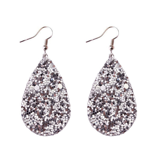 Silver Sparkly Glitter Drop Shape Dangle Earrings for Fashion Stylish Jewelry