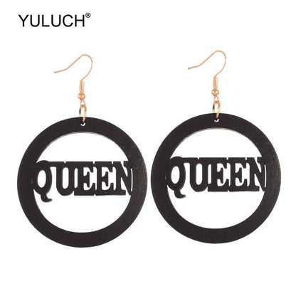 Black Wooden Design Queen Drop Earrings Women Fashion Modern Accessories Cute