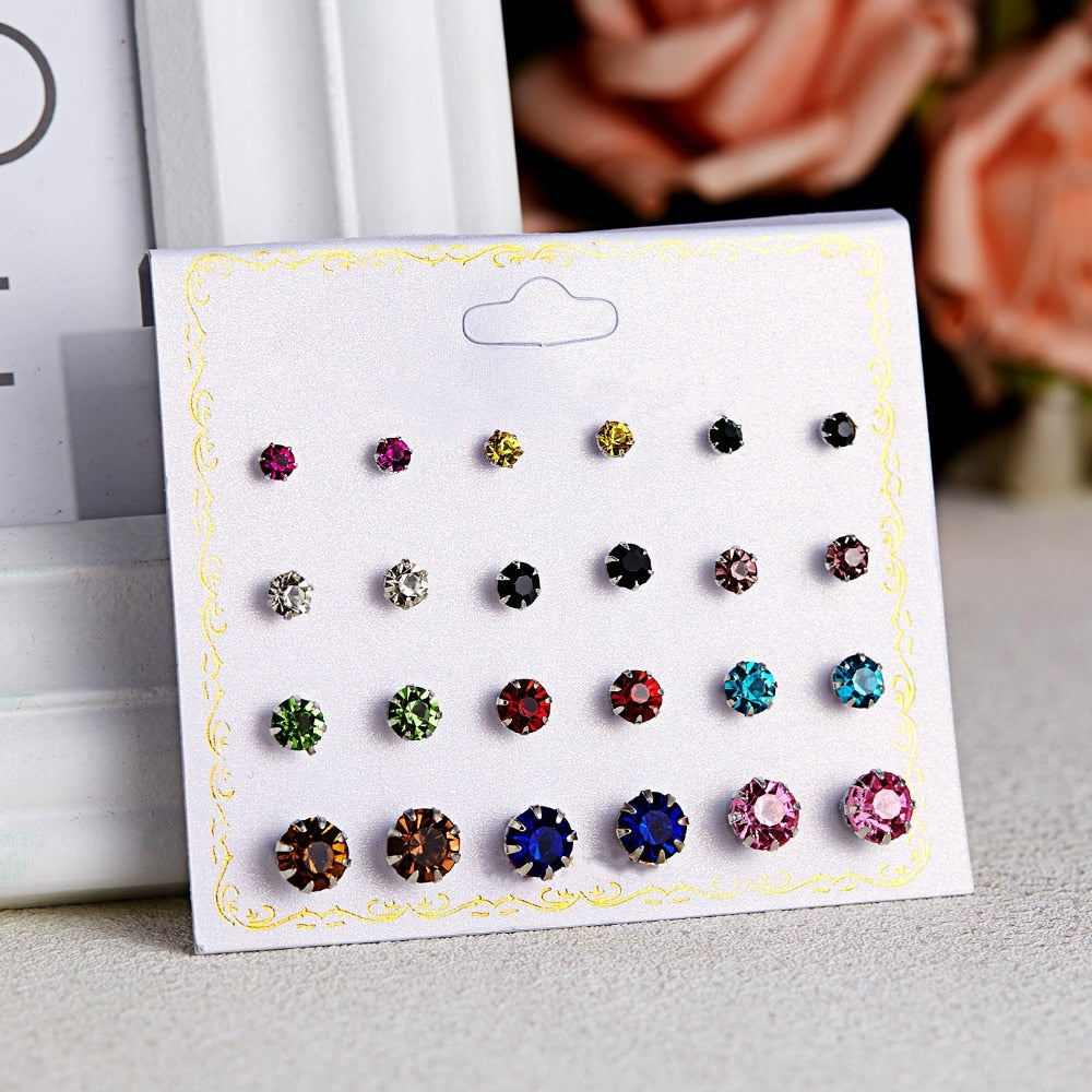 12 Pairs 4 Sizes Multicolor Stud Earrings Women Ear Accessory Jewelry Birthday