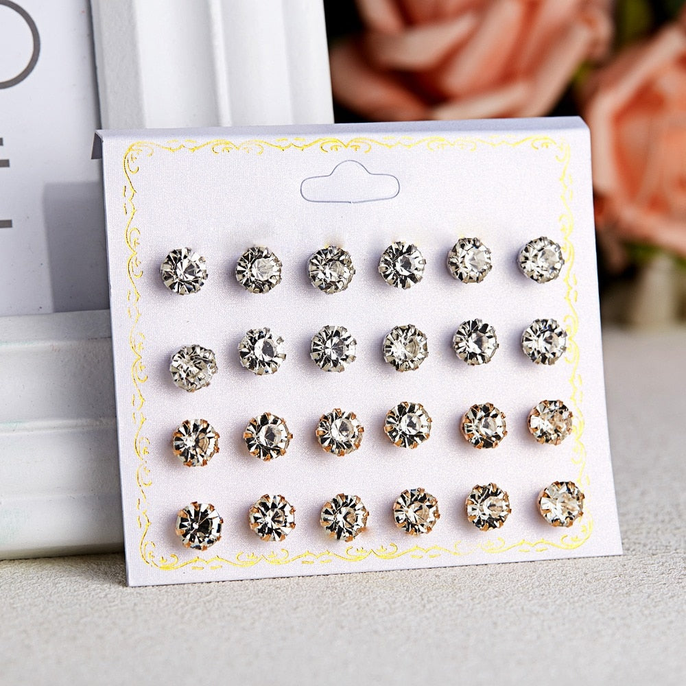 12 Pairs Rhinestone Stud Earrings Women Ear Accessory Jewelry Birthday Party