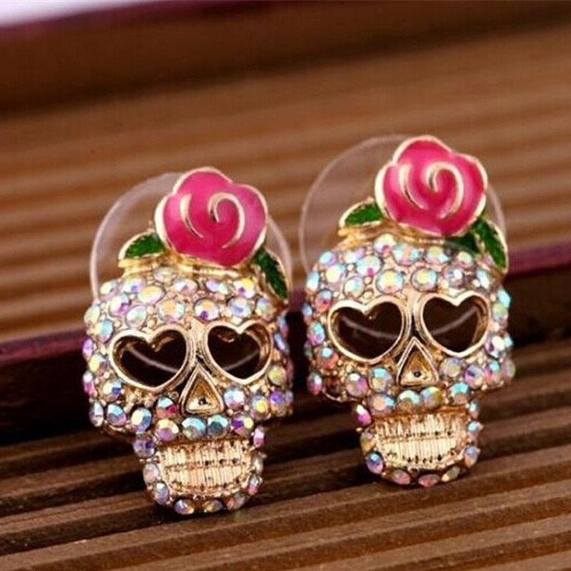 Rhinestone Flower Skull Stud Earrings Fashion Shiny Ladies Jewelry Women Classic