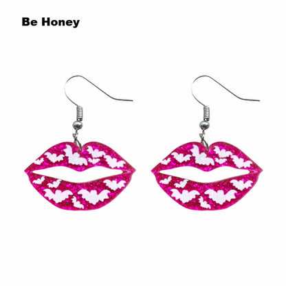 Hot Pink Glitter Lip With Bat Acrylic Drop Earrings Fashion Women Summer Party