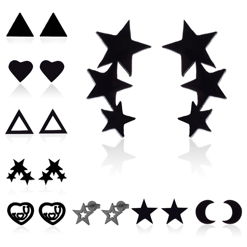 9 Styles Black Star Heart Geometric Stainless Steel Stud Earrings Women Jewelry