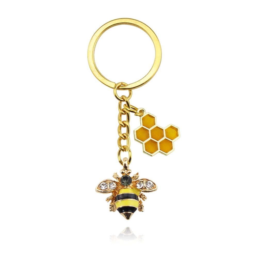 6 Styles Alloy Drip Oil Rhinestone Bee Keychain Hexagon Honeycomb Charms Key