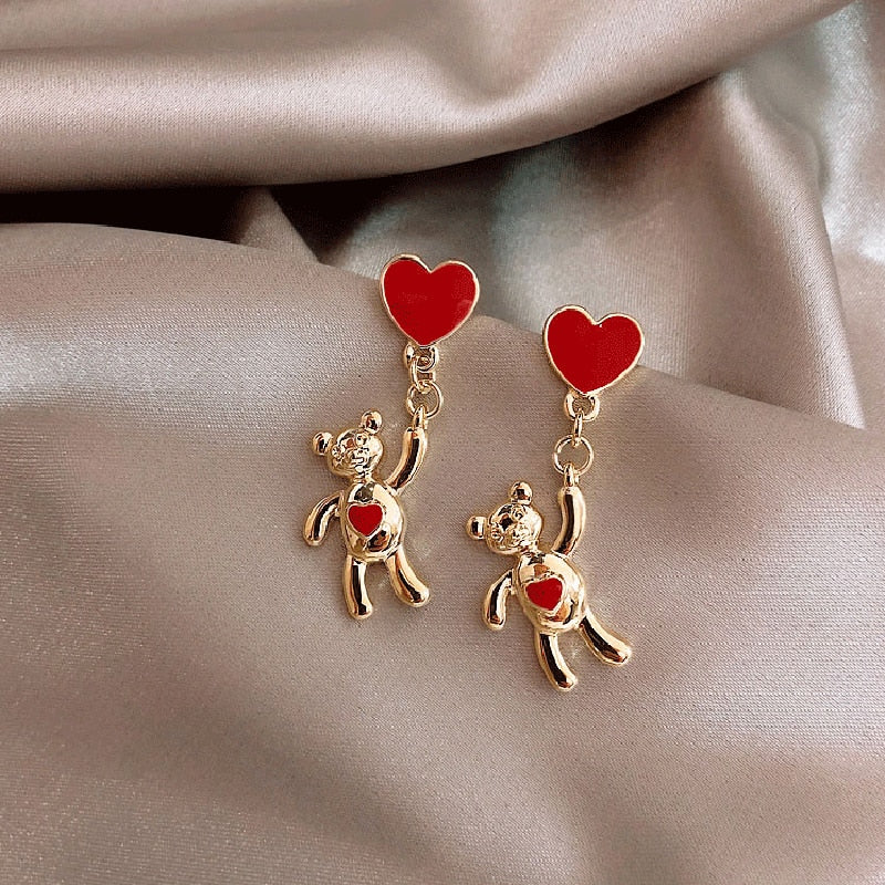 Lady Cute Bear with Red Heart Drop Earrings for Women Jewelry Girls Earrings