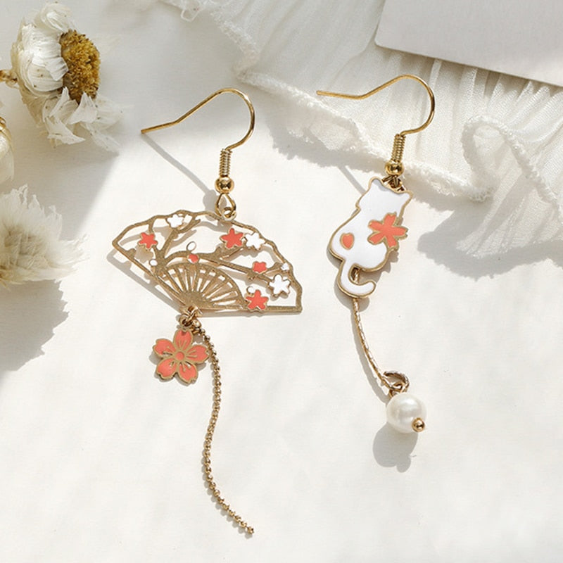 White Pink Fan and Cat Drop Earrings Women Party Wedding Jewelry Creative Gifts