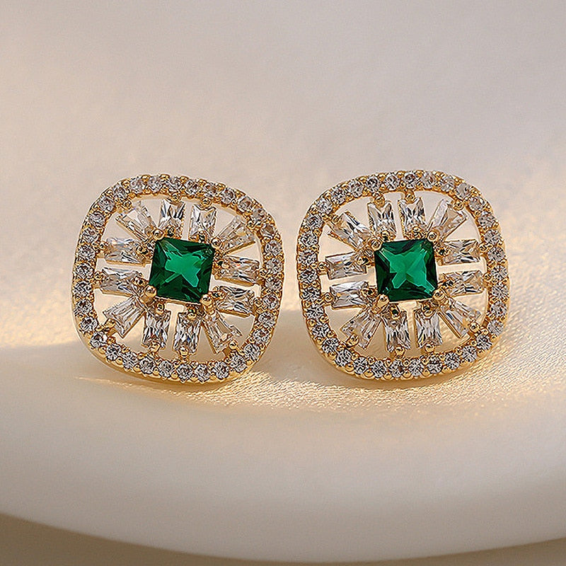 Square Green Stone Stud Earrings Women Gifts Earring Cute Girls Eardrop Jewelry