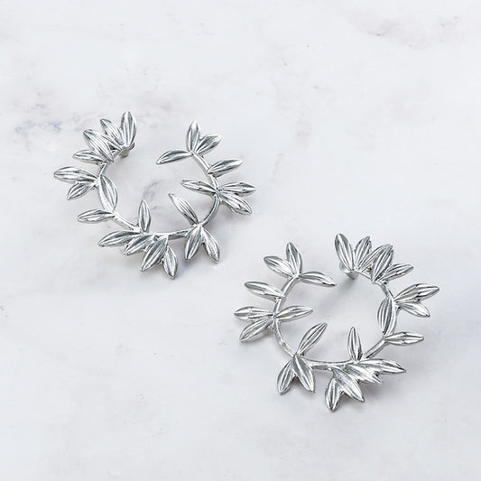 Silvery Leafy Circle Vintage Stud Earrings Women Antique Earring Jewelry