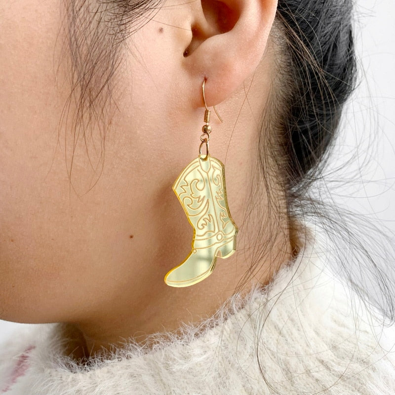 Mirror Laser Carved Pattern Cowboy Boots Dangle Earrings for Girls Women