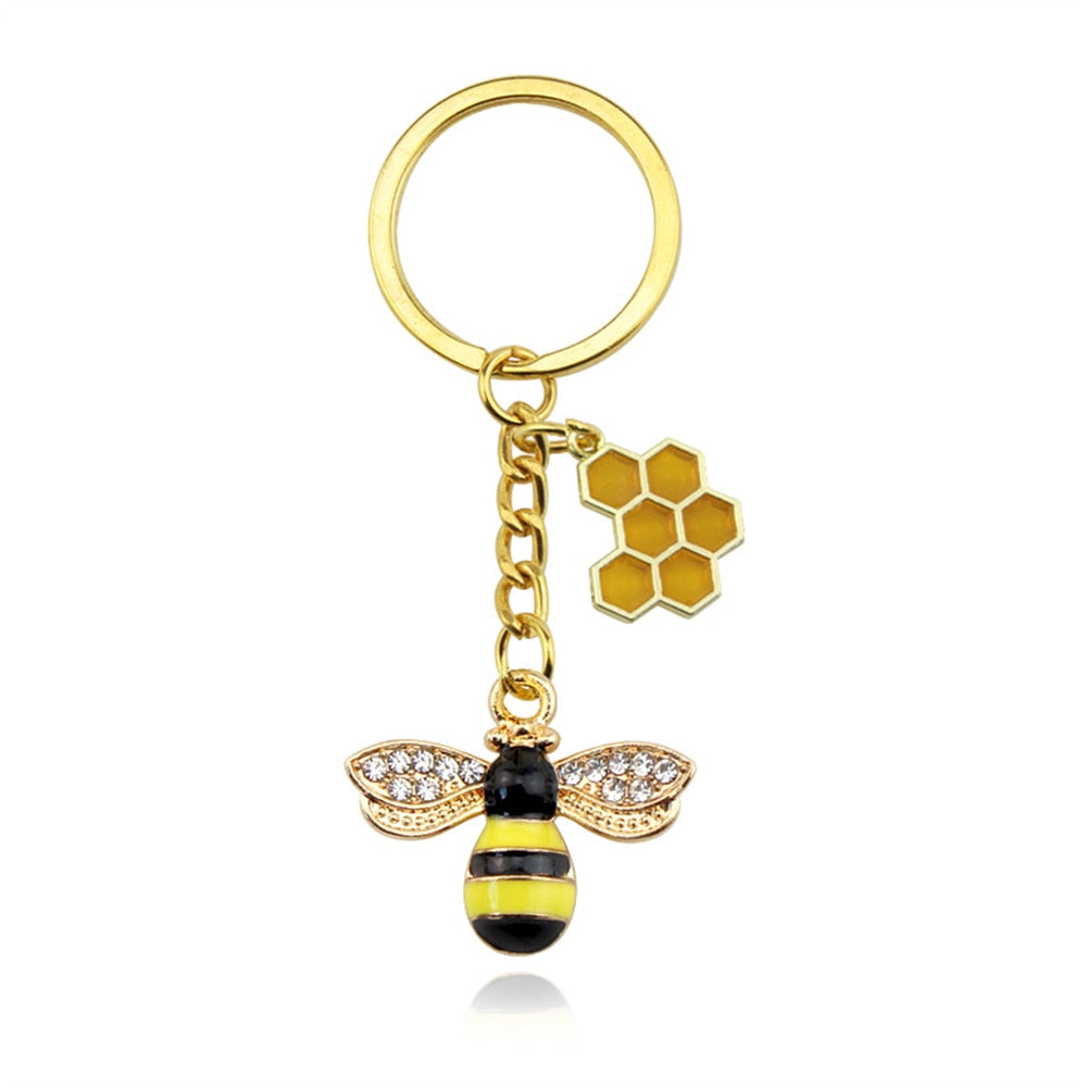 6 Styles Alloy Drip Oil Rhinestone Bee Keychain Hexagon Honeycomb Charms Key
