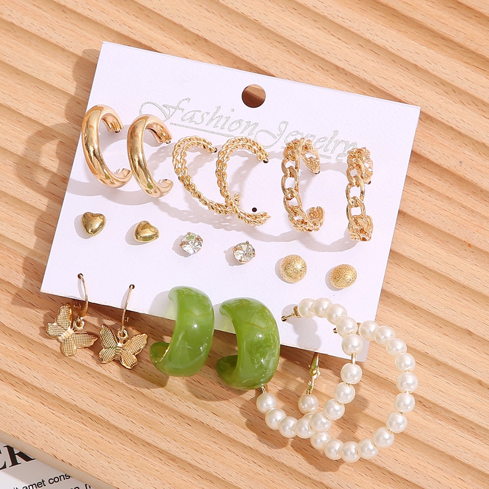 32 Styles 5-9Pairs Mixed Design Hoop Stud Drop Earrings Set Fashion Women Summer