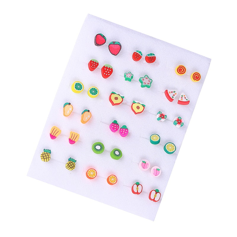 Strawberry lemon Stud Earrings Set 18 Pairs Women Small Girl Earring Jewelry