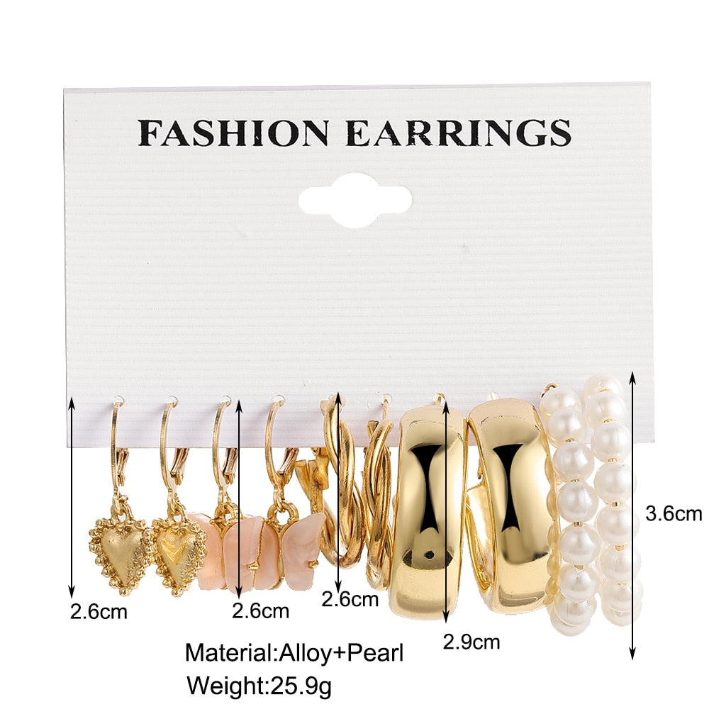 5 Pairs Faux Pearl Golden Hoop Earrings Fashion Women Summer Party Jewelry Girls